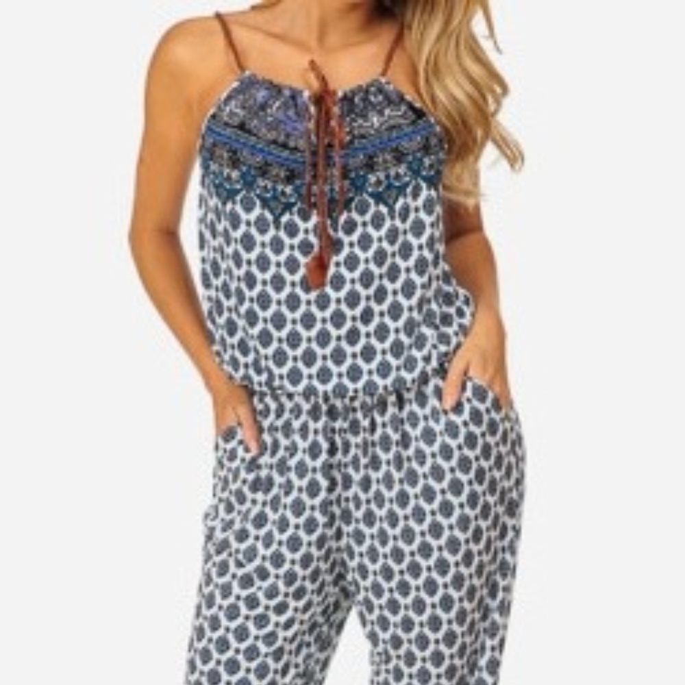WOMEN'S JUNIORS BLUE PRINTED HALTER NECK JUMPSUIT
